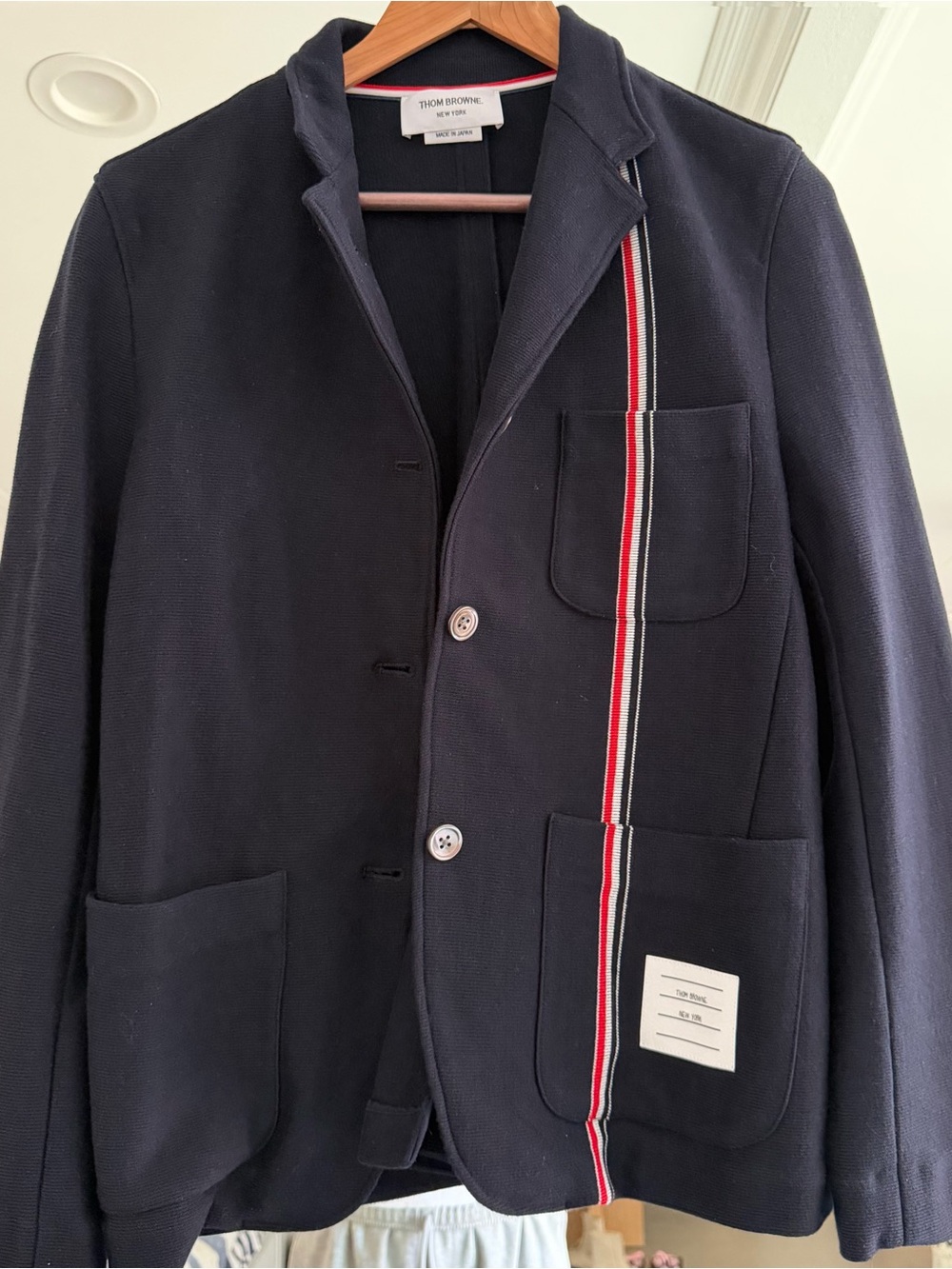 Women’s Thom Browne FW24 Navy RWB Stripe Cotton Sack Blazer Jacket Size 3